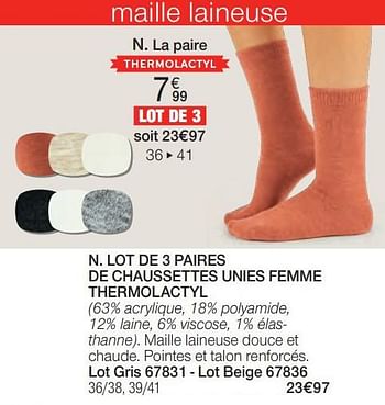 Promoties Lot de 3 paires de chaussettes unies femme thermolactyl - Huismerk - Damart - Geldig van 01/02/2024 tot 30/06/2024 bij Damart