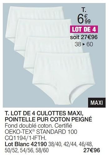 Promotions Lot de 4 culottes maxi, pointelle pur coton peigné - Produit Maison - Damart - Valide de 01/02/2024 à 30/06/2024 chez Damart