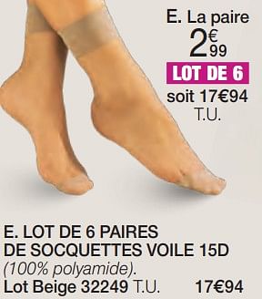Promotions Lot de 6 paires de socquettes voile 15d - Produit Maison - Damart - Valide de 01/02/2024 à 30/06/2024 chez Damart