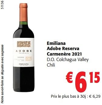Promotions Emiliana adobe reserva carmenère 2021 d.o. colchagua valley chili - Vins rouges - Valide de 14/02/2024 à 27/02/2024 chez Colruyt