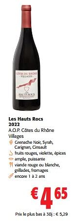 Promotions Les hauts rocs 2022 a.o.p. côtes du rhône villages - Vins rouges - Valide de 14/02/2024 à 27/02/2024 chez Colruyt