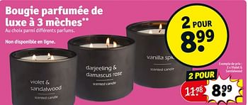 Promotions Bougie parfumée de luxe à 3 mèches violet + sandalwood - Produit maison - Kruidvat - Valide de 20/02/2024 à 25/02/2024 chez Kruidvat