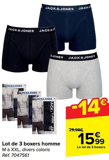 Promotions Lot de 3 boxers homme - Jack & Jones - Valide de 21/02/2024 à 03/04/2024 chez Carrefour
