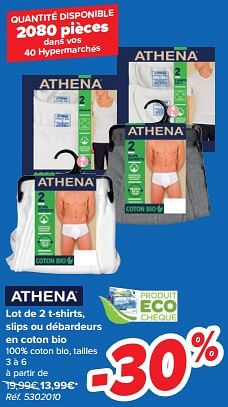 Promoties Lot de 2 t-shirts, slips ou débardeurs en coton bio - Athena - Geldig van 21/02/2024 tot 03/04/2024 bij Carrefour