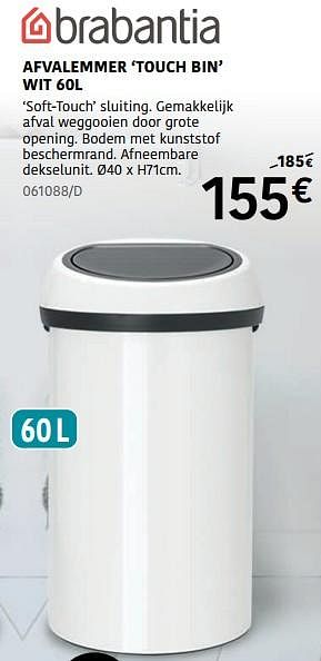 Promoties Afvalemmer touch bin wit - Brabantia - Geldig van 15/02/2024 tot 17/03/2024 bij HandyHome