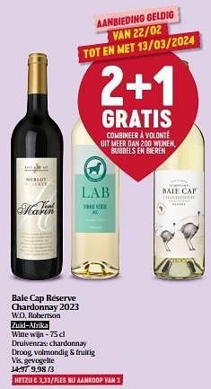 Promoties Baie cap réserve chardonnay 2023 w.o. robertson - Witte wijnen - Geldig van 22/02/2024 tot 28/02/2024 bij Delhaize