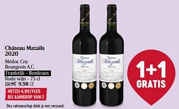 Promoties Château mazails 2020 médoc cru bourgeois a.c. - Rode wijnen - Geldig van 22/02/2024 tot 28/02/2024 bij Delhaize