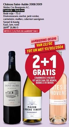 Promoties Château saint-aubin 2018-2019 médoc cru bourgeois a.c. - Rode wijnen - Geldig van 22/02/2024 tot 28/02/2024 bij Delhaize