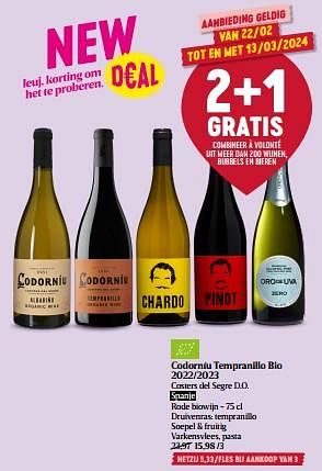 Promoties Codorníu tempranillo bio 2022-2023 costers del segre d.o. - Rode wijnen - Geldig van 22/02/2024 tot 28/02/2024 bij Delhaize