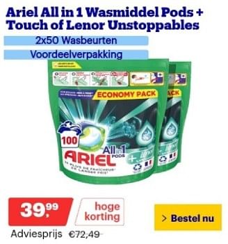 Promoties Ariel all in 1 wasmiddel pods + touch of lenor unstoppables - Ariel - Geldig van 19/02/2024 tot 25/02/2024 bij Bol.com