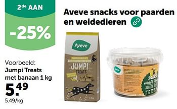Promoties Aveve snacks voor paarden en weidedieren jumpi treats met banaan - Huismerk - Aveve - Geldig van 28/02/2024 tot 10/03/2024 bij Aveve