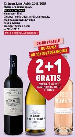 Promotions Château saint-aubin 2018-2019 médoc cru bourgeois a.c. - Vins rouges - Valide de 22/02/2024 à 28/02/2024 chez Delhaize