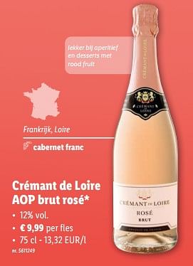 Promoties Crémant de loire aop brut rosé - Schuimwijnen - Geldig van 28/02/2024 tot 05/03/2024 bij Lidl