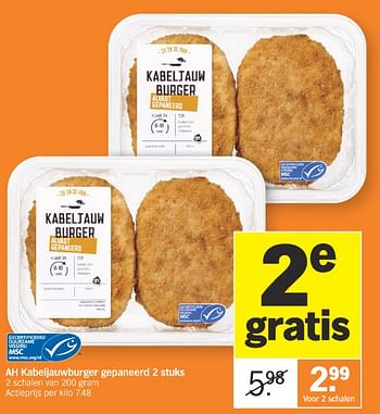 Promoties Ah kabeljauwburger gepaneerd - Huismerk - Albert Heijn - Geldig van 26/02/2024 tot 03/03/2024 bij Albert Heijn
