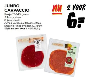 Promoties Jumbo carpaccio italiaanse kaas, dressing pijnboompitten - Huismerk - Jumbo - Geldig van 28/02/2024 tot 05/03/2024 bij Jumbo