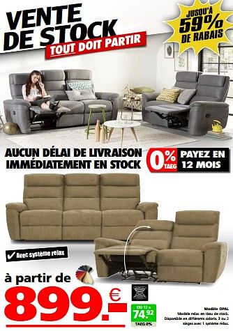 Promotions Modèle opal - Produit maison - Seats and Sofas - Valide de 26/02/2024 à 23/03/2024 chez Seats and Sofas