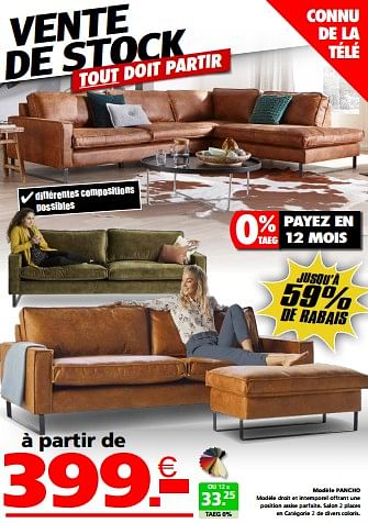 Promotions Modèle pancho - Produit maison - Seats and Sofas - Valide de 26/02/2024 à 23/03/2024 chez Seats and Sofas