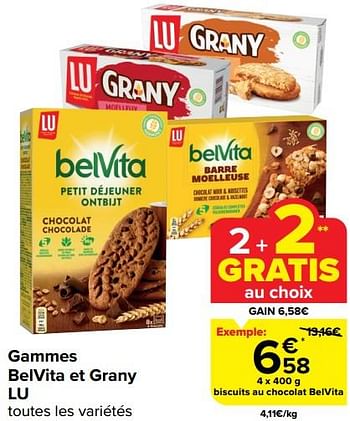 Promotions Biscuits au chocolat belvita - Lu - Valide de 28/02/2024 à 05/03/2024 chez Carrefour