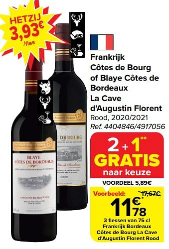 Promoties Frankrijk bordeaux côtes de bourg la cave d’augustin florent rood - Rode wijnen - Geldig van 28/02/2024 tot 18/03/2024 bij Carrefour