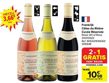 Promoties Frankrijk côtes du rhône cuvée réservée rood, wit of rosé - Rode wijnen - Geldig van 28/02/2024 tot 18/03/2024 bij Carrefour