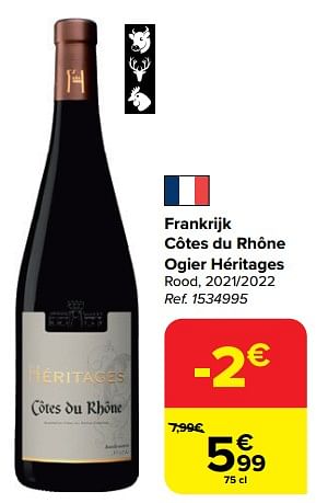 Promoties Frankrijk côtes du rhône ogier héritages rood, 2021-2022 - Rode wijnen - Geldig van 28/02/2024 tot 18/03/2024 bij Carrefour