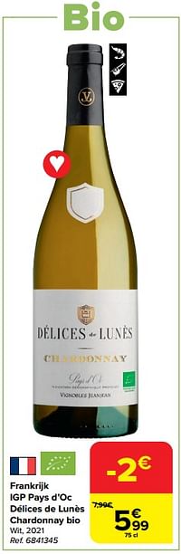 Frankrijk igp pays d’oc délices de lunès chardonnay bio Wit-Witte wijnen
