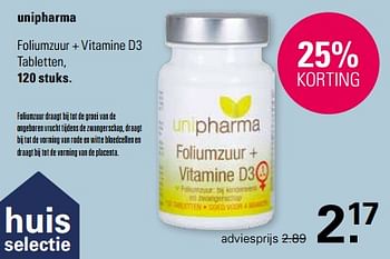 Promoties Foliumzuur + vitamine d3 tabletten - Unipharma - Geldig van 21/02/2024 tot 09/03/2024 bij De Online Drogist