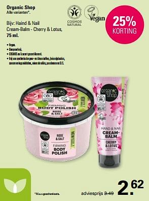 Promoties Haind + nail cream balm cherry + lotus - Organic Shop - Geldig van 21/02/2024 tot 09/03/2024 bij De Online Drogist