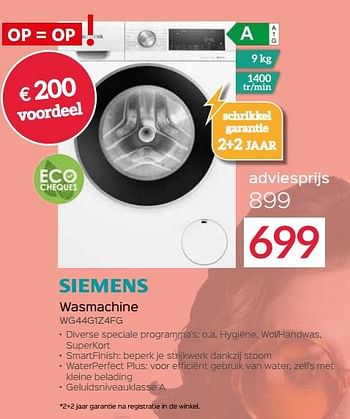 Promoties Siemens wasmachine wg44g1z4fg - Siemens - Geldig van 26/02/2024 tot 31/03/2024 bij Selexion