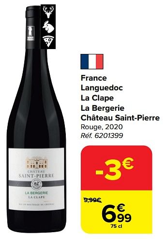 Promotions France languedoc la clape la bergerie château saint-pierre rouge, 2020 - Vins rouges - Valide de 28/02/2024 à 18/03/2024 chez Carrefour