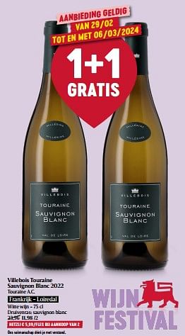 Promoties Villebois touraine sauvignon blanc 2022 touraine a.c. - Witte wijnen - Geldig van 29/02/2024 tot 06/03/2024 bij Delhaize