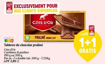 Promotions Tablette de chocolat praliné côte d’or double lait - Cote D'Or - Valide de 29/02/2024 à 06/03/2024 chez Delhaize