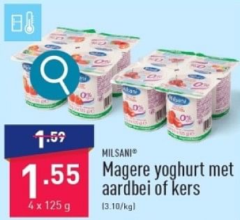 Promoties Magere yoghurt met aardbei of kers - Milsani - Geldig van 04/03/2024 tot 10/03/2024 bij Aldi