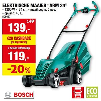 Promoties Bosch elektrische maaier arm 34 - Bosch - Geldig van 28/02/2024 tot 10/03/2024 bij Hubo