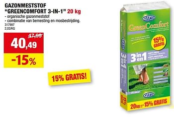 Promotions Gazonmeststof greencomfort 3-in-1 - Viano - Valide de 28/02/2024 à 10/03/2024 chez Hubo