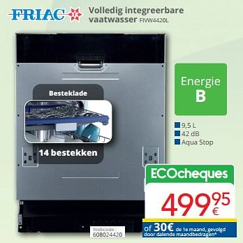 Promoties Friac volledig integreerbare vaatwasser fivw4420l - Friac - Geldig van 01/03/2024 tot 31/03/2024 bij Eldi