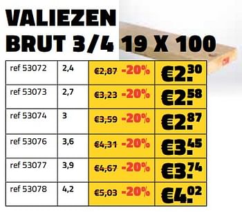 Promotions Valiezen brut 3-4 19 x 100 - Produit maison - Bouwcenter Frans Vlaeminck - Valide de 01/03/2024 à 31/03/2024 chez Bouwcenter Frans Vlaeminck