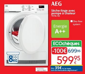 Promoties Aeg sèche-linge avec pompe à chaleur tr78l10z - AEG - Geldig van 01/03/2024 tot 31/03/2024 bij Eldi