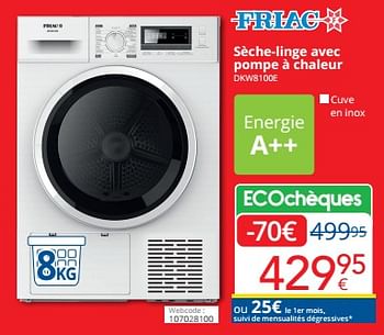 Promoties Friac sèche-linge avec pompe à chaleur dkw8100e - Friac - Geldig van 01/03/2024 tot 31/03/2024 bij Eldi