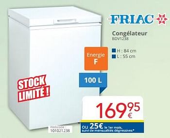 Promoties Friac congélateur bdv1238 - Friac - Geldig van 01/03/2024 tot 31/03/2024 bij Eldi
