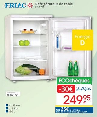 Promotions Friac réfrigérateur de table co 1721 - Friac - Valide de 01/03/2024 à 31/03/2024 chez Eldi