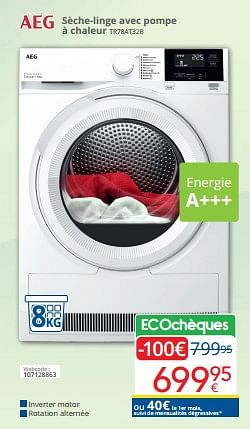 Promotions Aeg sèche-linge avec pompe à chaleur tr78at32b - AEG - Valide de 01/03/2024 à 31/03/2024 chez Eldi