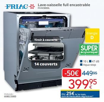 Promotions Friac lave-vaisselle full encastrable fivw3000l - Friac - Valide de 01/03/2024 à 31/03/2024 chez Eldi