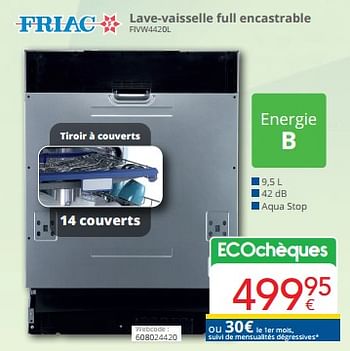 Promotions Friac lave-vaisselle full encastrable fivw4420l - Friac - Valide de 01/03/2024 à 31/03/2024 chez Eldi