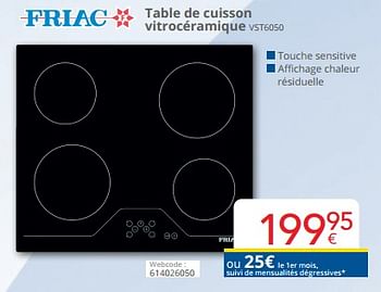 Promotions Friac table de cuisson vitrocéramique vst6050 - Friac - Valide de 01/03/2024 à 31/03/2024 chez Eldi