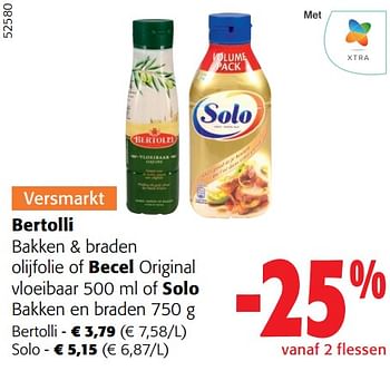 Promoties Bertolli bakken + braden olijfolie of becel original vloeibaar of solo bakken en braden - Bertolli - Geldig van 28/02/2024 tot 12/03/2024 bij Colruyt