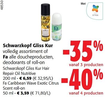 Promoties Schwarzkopf gliss kur volledig assortiment of fa alle doucheproducten, deodorants of roll-on - Huismerk - Colruyt - Geldig van 28/02/2024 tot 12/03/2024 bij Colruyt