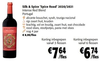 Promoties Silk + spice `spice road` 2020-2021 intense red blend - Rode wijnen - Geldig van 28/02/2024 tot 12/03/2024 bij Colruyt