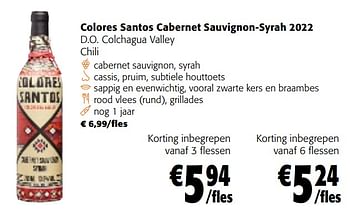 Promoties Colores santos cabernet sauvignon-syrah 2022 d.o. colchagua valley - Rode wijnen - Geldig van 28/02/2024 tot 12/03/2024 bij Colruyt