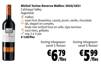Promoties Michel torino reserva malbec 2020-2021 calchaquí valley - Rode wijnen - Geldig van 28/02/2024 tot 12/03/2024 bij Colruyt